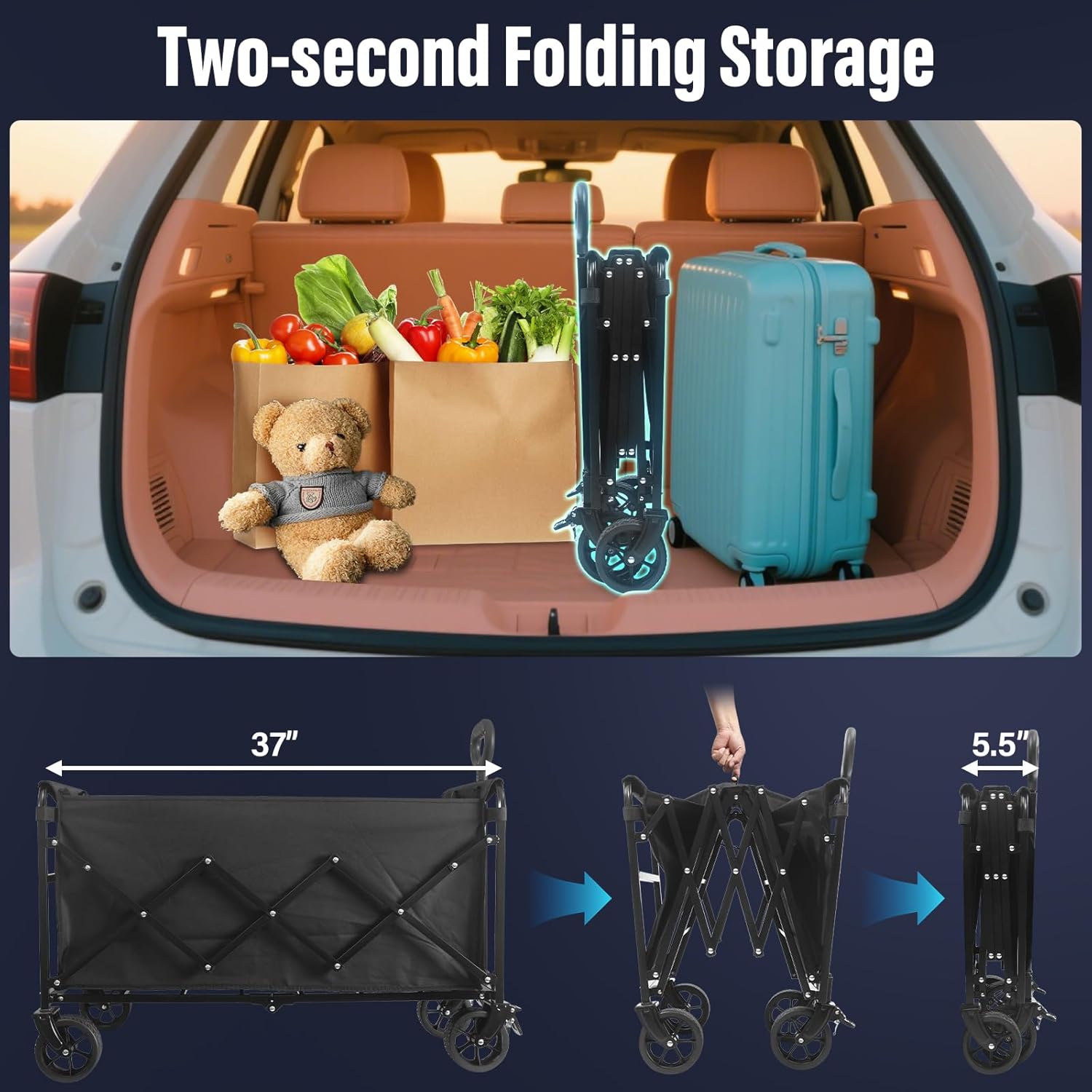 Meetjoys Heavy Duty Collapsible Wagon Cart with 500 lbs Capacity & All-Terrain Wheels, Folding Utility Cart with Dual Brakes for Camping, Gardening, Shopping & Beach