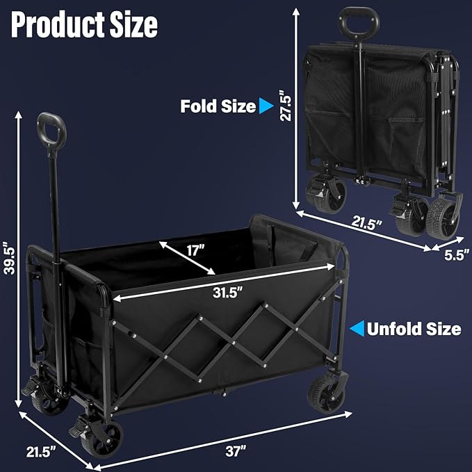 Meetjoys Heavy Duty Collapsible Wagon Cart with 500 lbs Capacity & All-Terrain Wheels, Folding Utility Cart with Dual Brakes for Camping, Gardening, Shopping & Beach