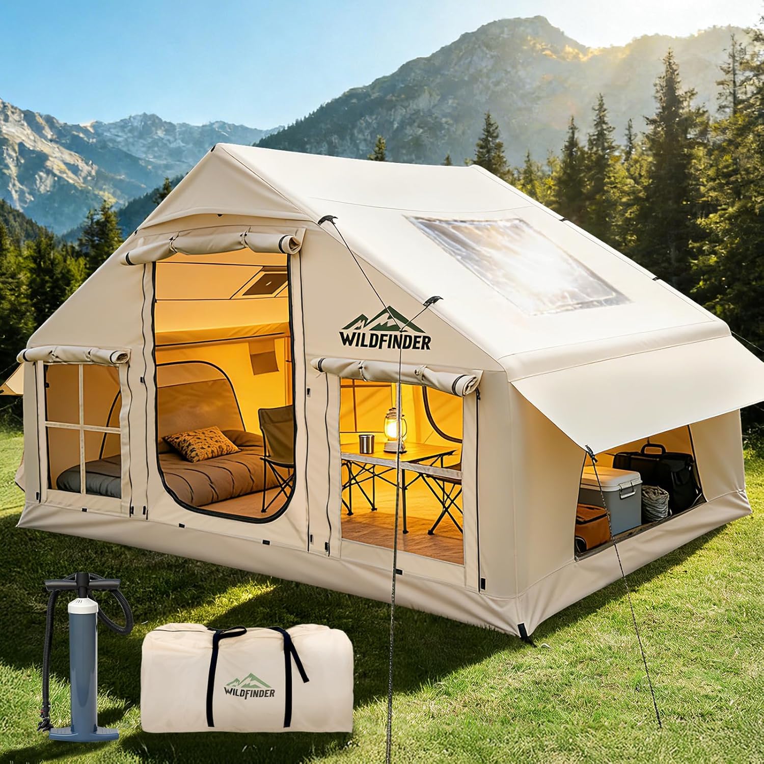 Meetjoys Luxury 4-Season Inflatable Glamping Tent with PVC Air Columns & Chimney Jack