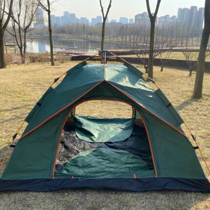 Automatic instant setup camping tent for 2 persons, front view.